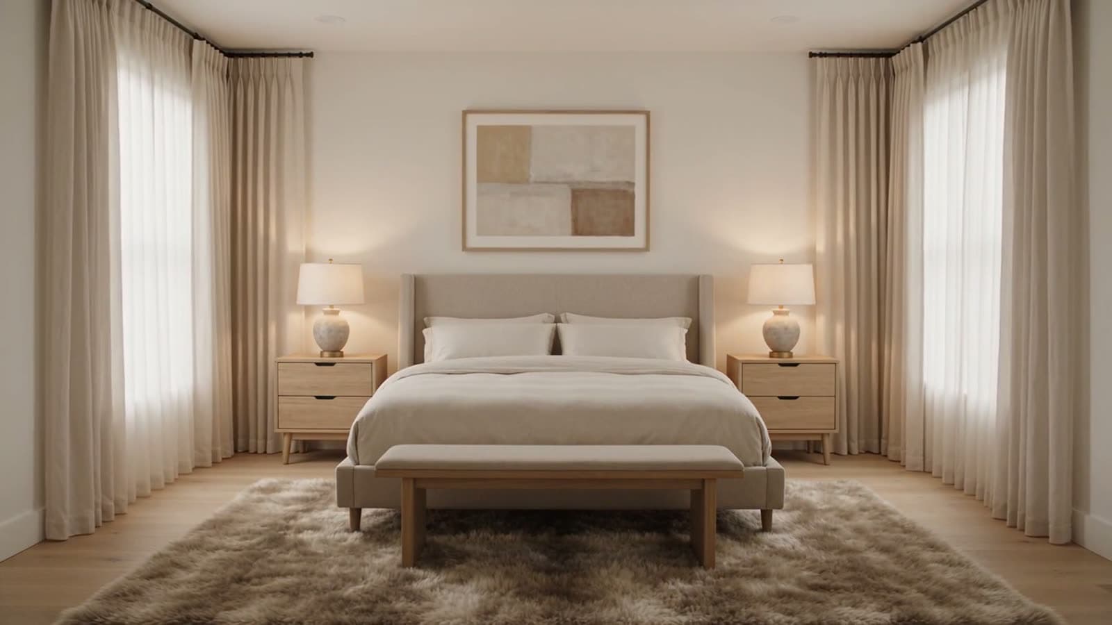 The same bedroom, furnished with an upholstered bed, two bedside tables with lamps, a bench at the foot, a rug, curtains and artwork above the headboard.