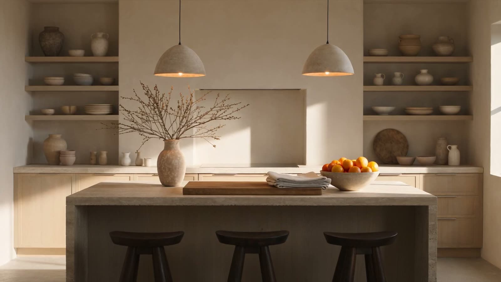 The same kitchen, styled with bar stools at the island, two pendant lights, ceramics on the shelves, a vase of branches and a bowl of fruit.