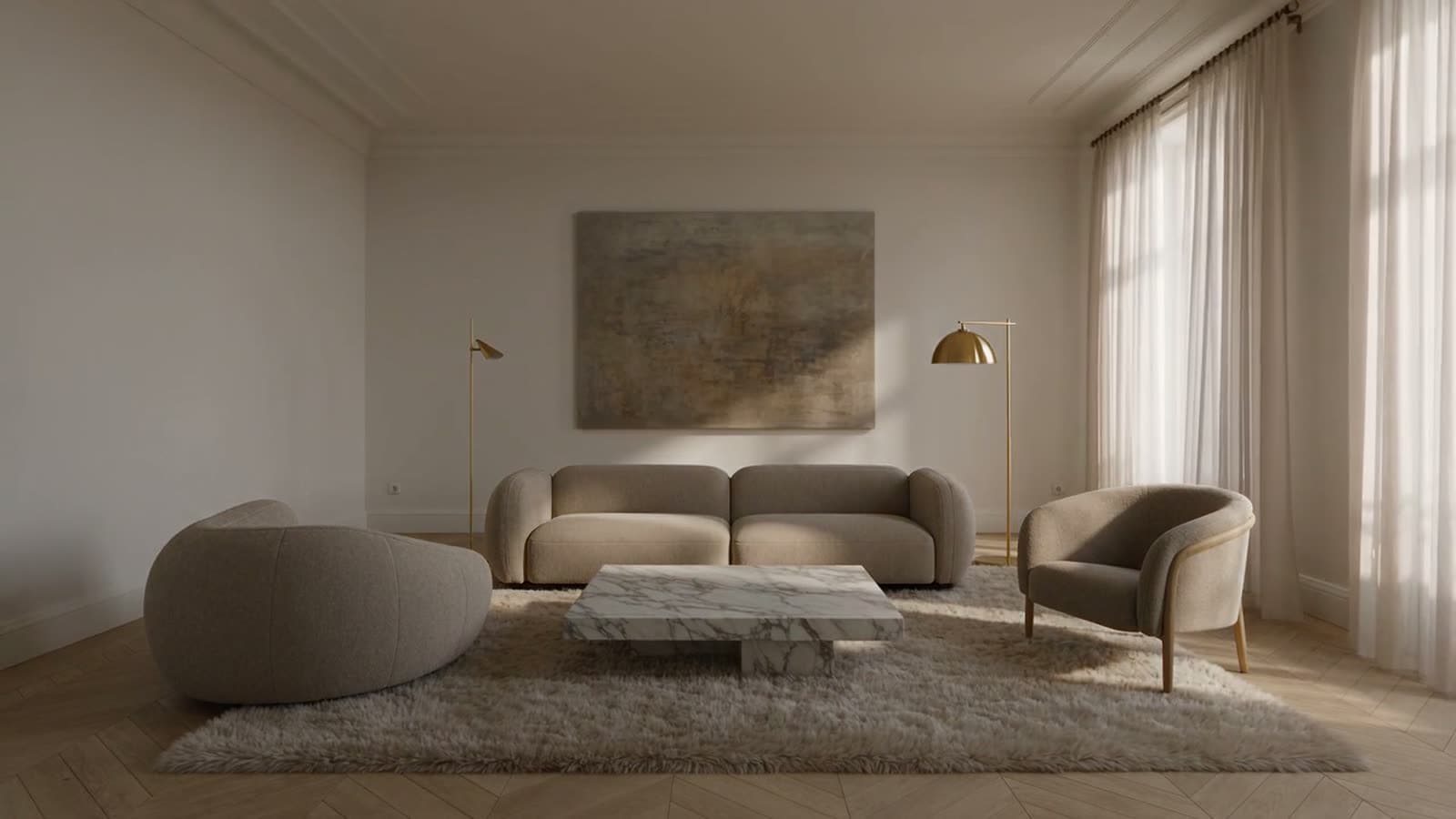 The same living room, furnished with a sofa, armchair, marble coffee table, floor lamp, rug, curtains and a large canvas.
