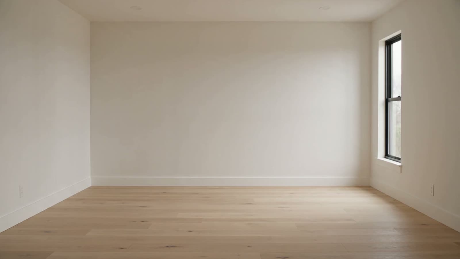 Empty bedroom with pale wood flooring, white walls and a window.