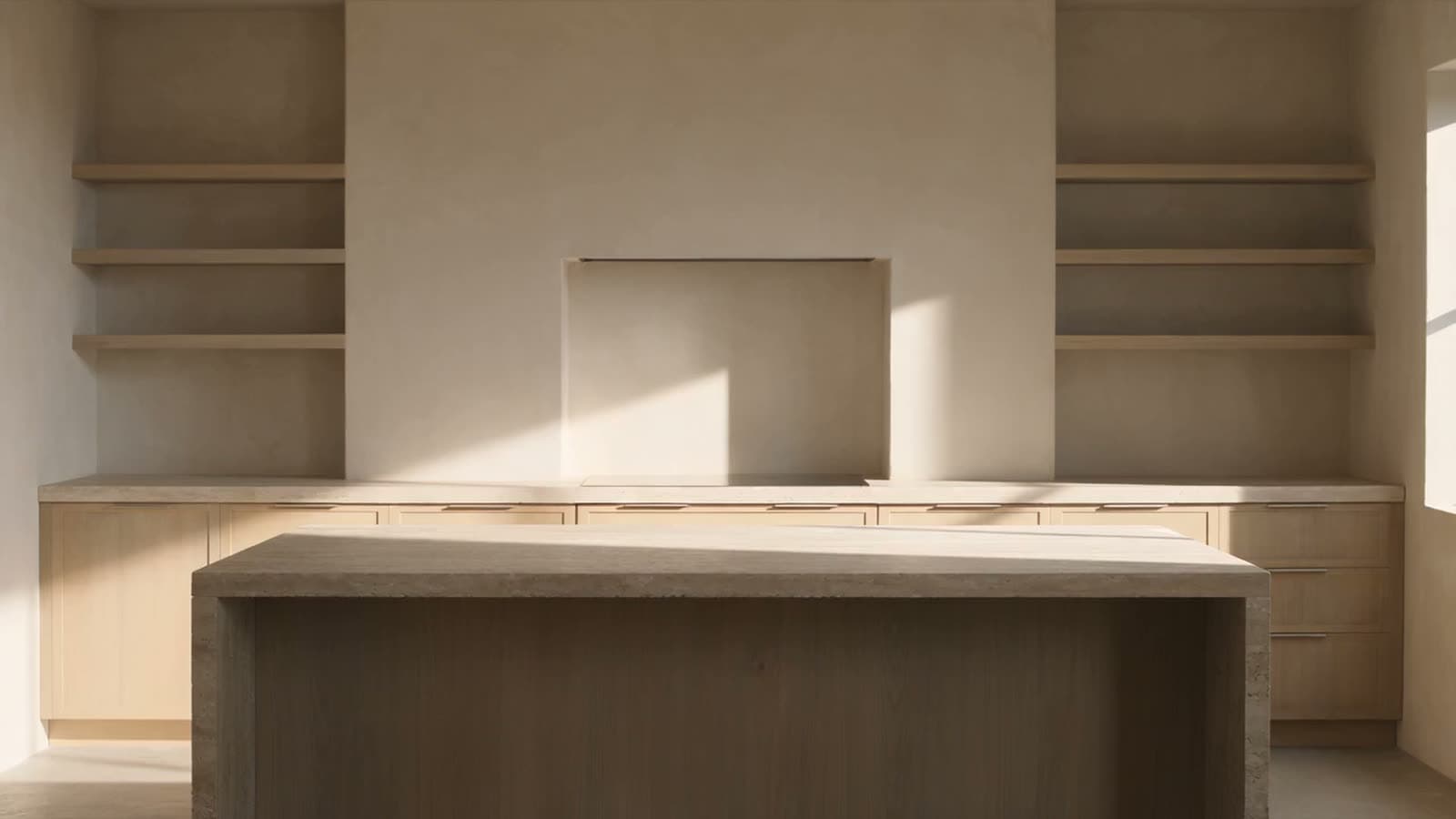 Kitchen with bare worktops and empty open shelving.