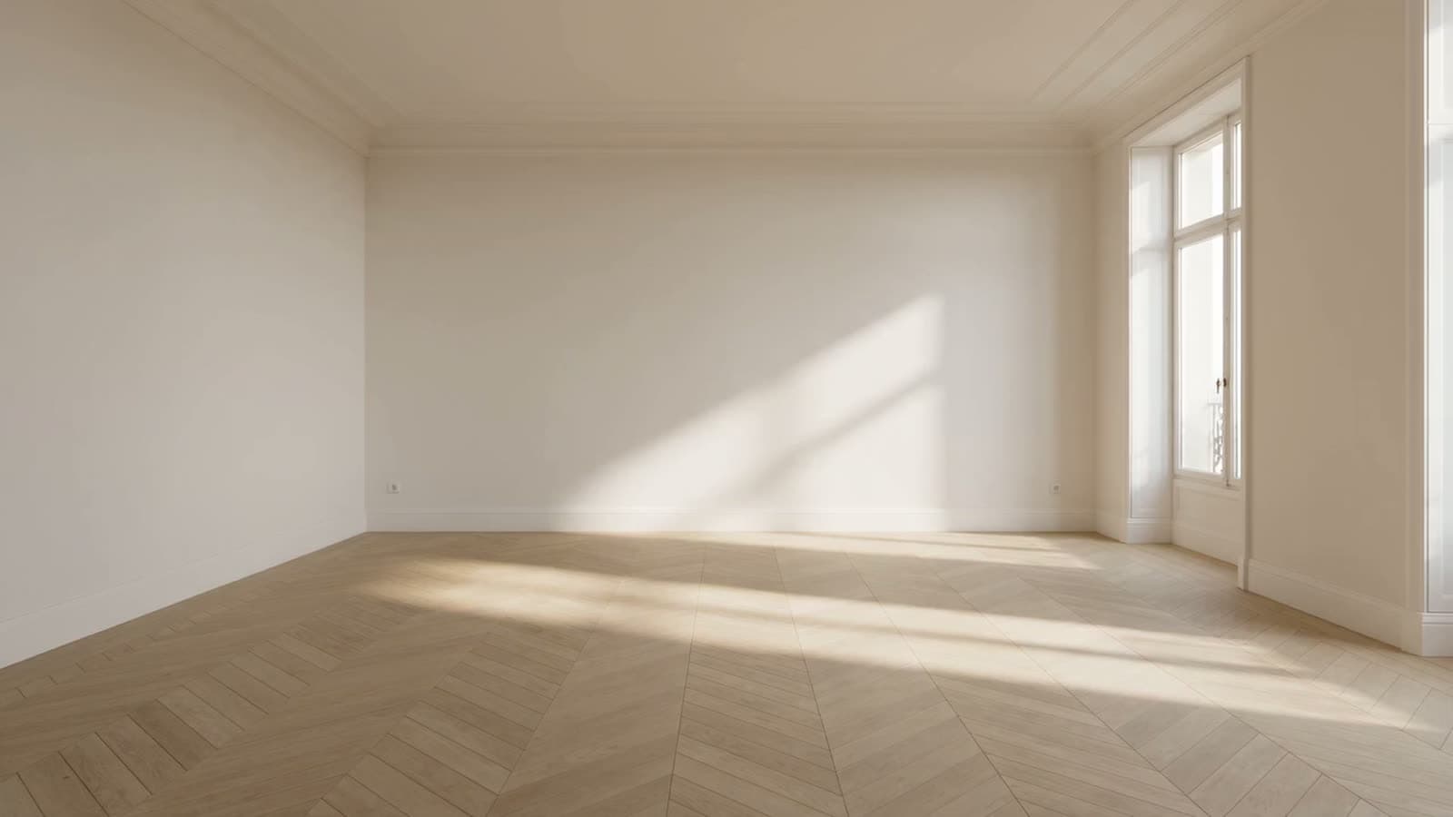 Empty living room with herringbone parquet, white walls and daylight through a tall window.